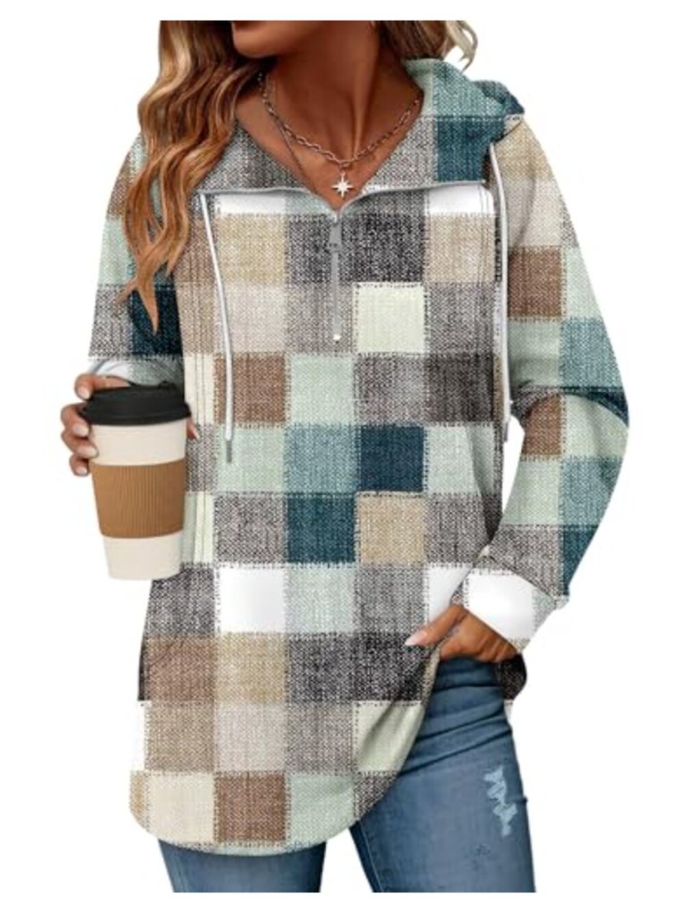 Womens Quarter Zip Oversized Drawstring Hoodie Loose Fit Long Sleeve Pullover